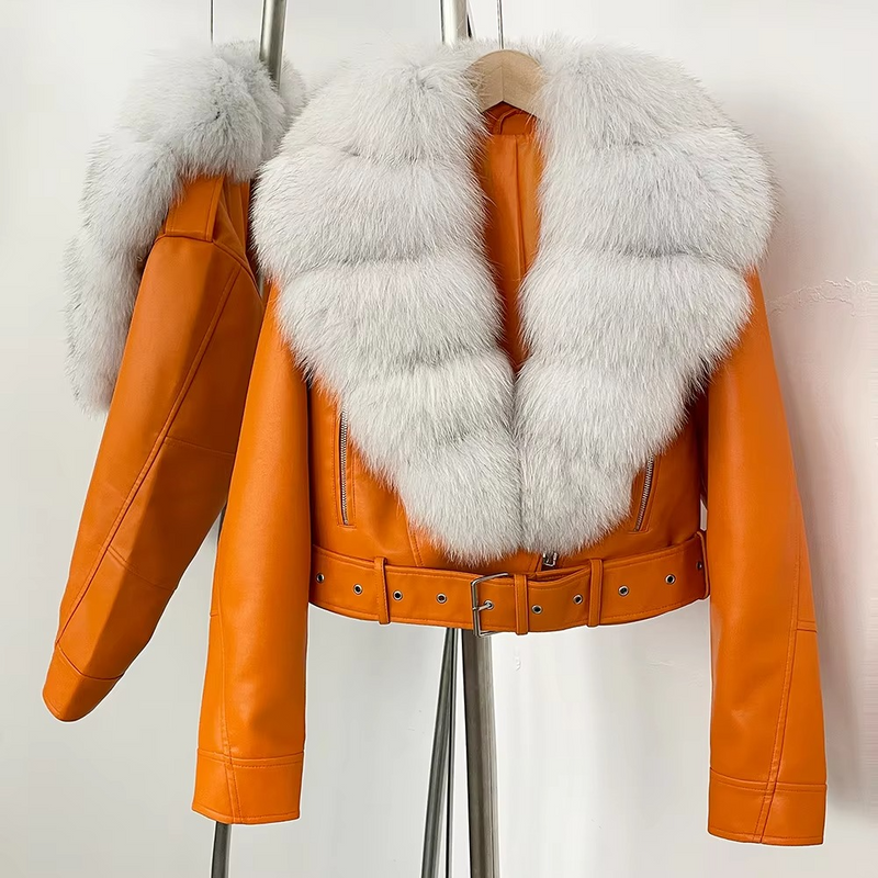 Women's Sheepskin Leather Coat with Real Fox Fur Collar — Warm Slim Fit Winter Jacket