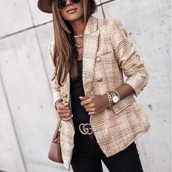 Women's Double Breasted Printed Suit with Pockets and Small Lapel for Autumn Winter