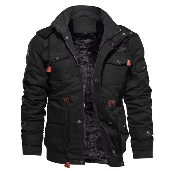 Men's Fleece Lined Hooded Cargo Jacket for Winter Outdoor Comfort