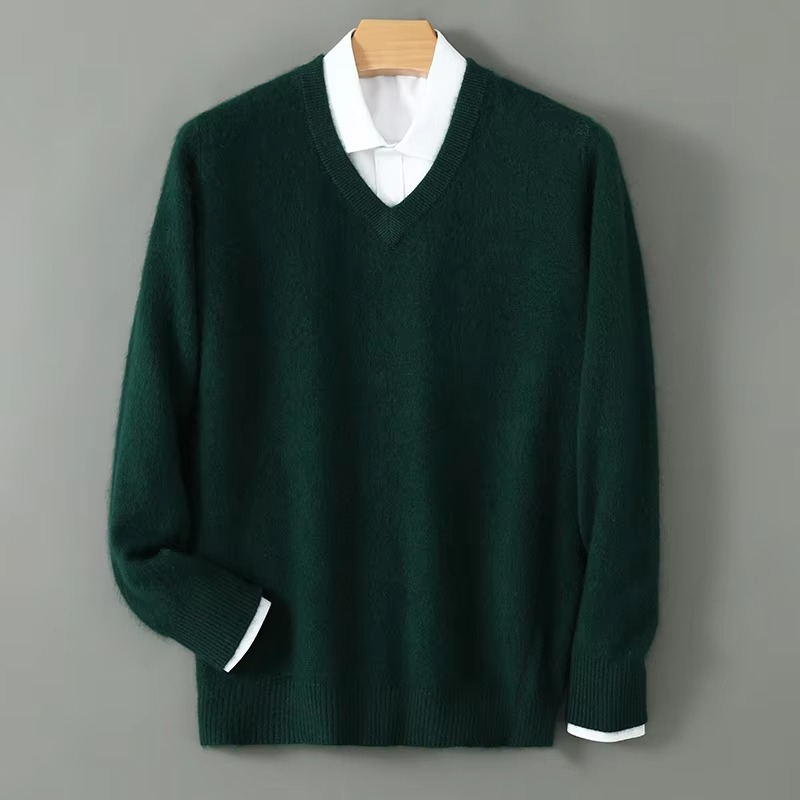 Men's Winter Cashmere Blend V Neck Sweater, Warm Knitted Pullover, Loose Fit Plus Size