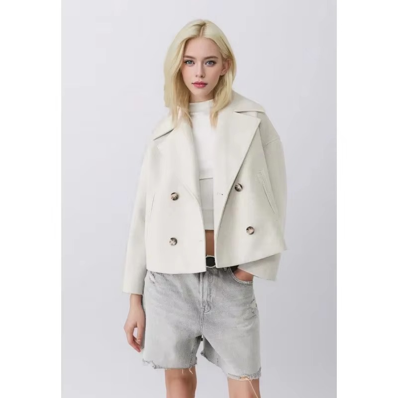 Women's Autumn Short Wool Blend Coat with Double Button Front and Turn-Down Collar