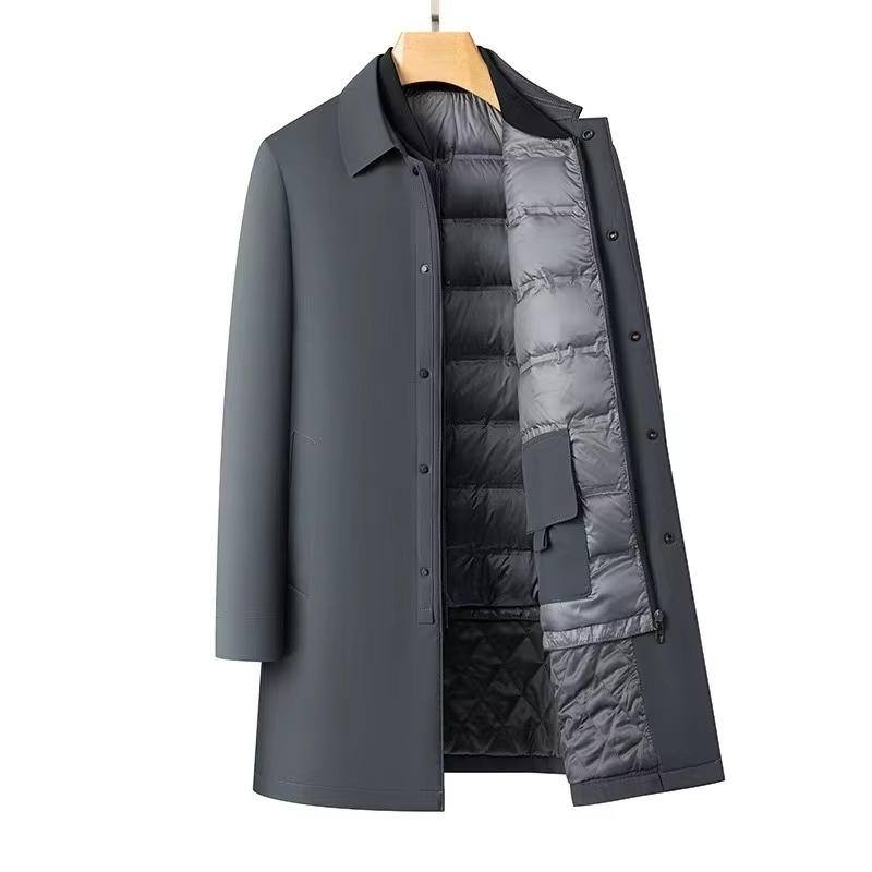 Men's Medium-Length Down Jacket with Plush Lining and Detachable Inner Layer