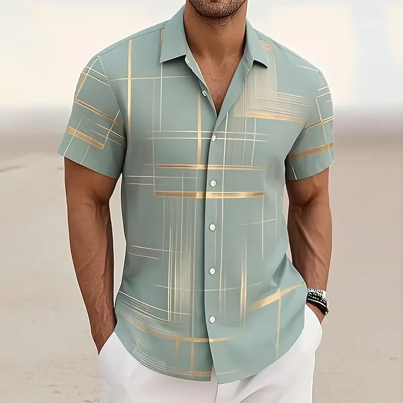Men's 3D Geometric Plaid Short Sleeve Button Shirt