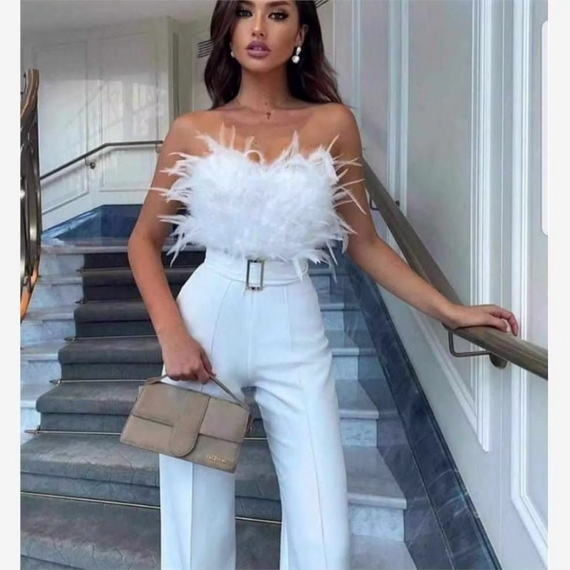 Sexy Feather Jumpsuit with Bare Shoulder, Cinched Waist, and Diamond Embellished Wide Leg