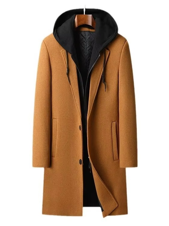 Men's Hooded Wool Blend Cashmere Long Trench Coat