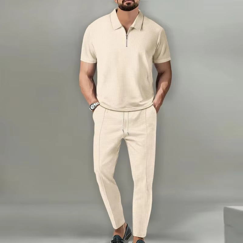 Men's 2-Piece Solid Color Waffle Collar Short Sleeve Zip Pants Set