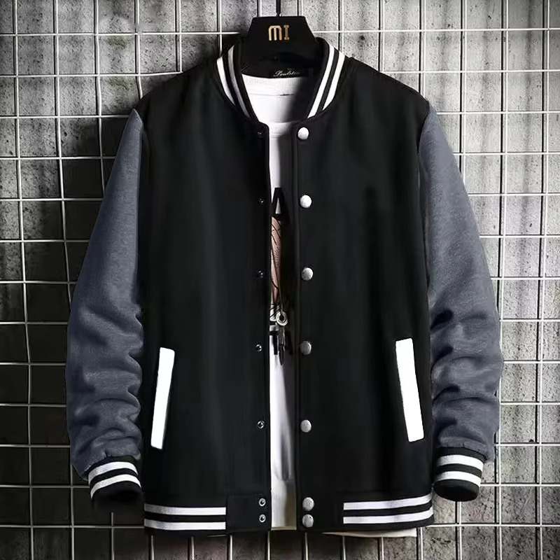 Black Gray White Oversized Fleece Baseball Jacket for Men and Women