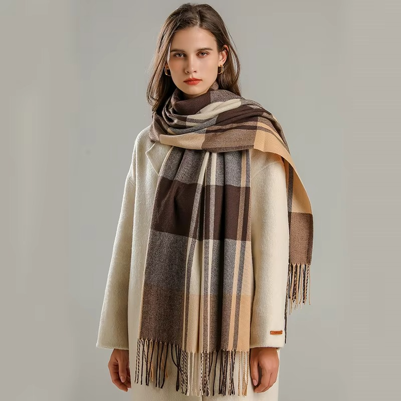 Cozy Cashmere Plaid Winter Scarf for Women, Thick Pashmina Shawl with Tassels