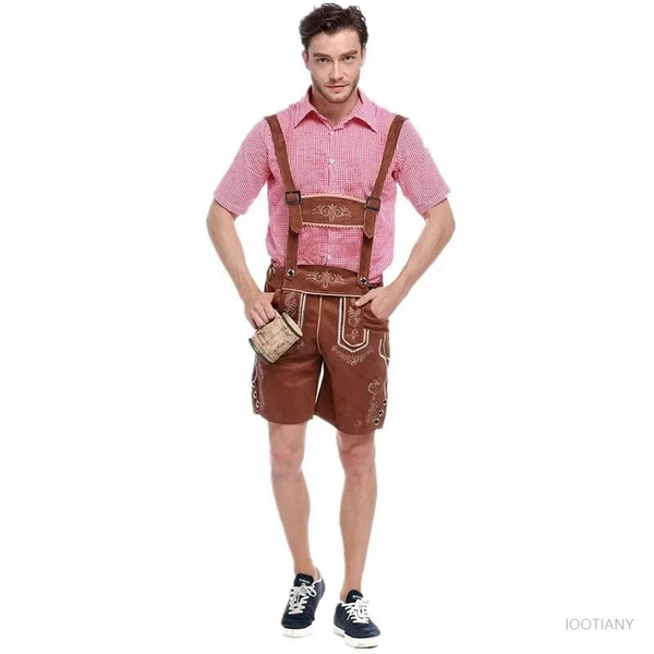 Traditional Bavarian Oktoberfest Men's Leather Pants with Suspenders Costume
