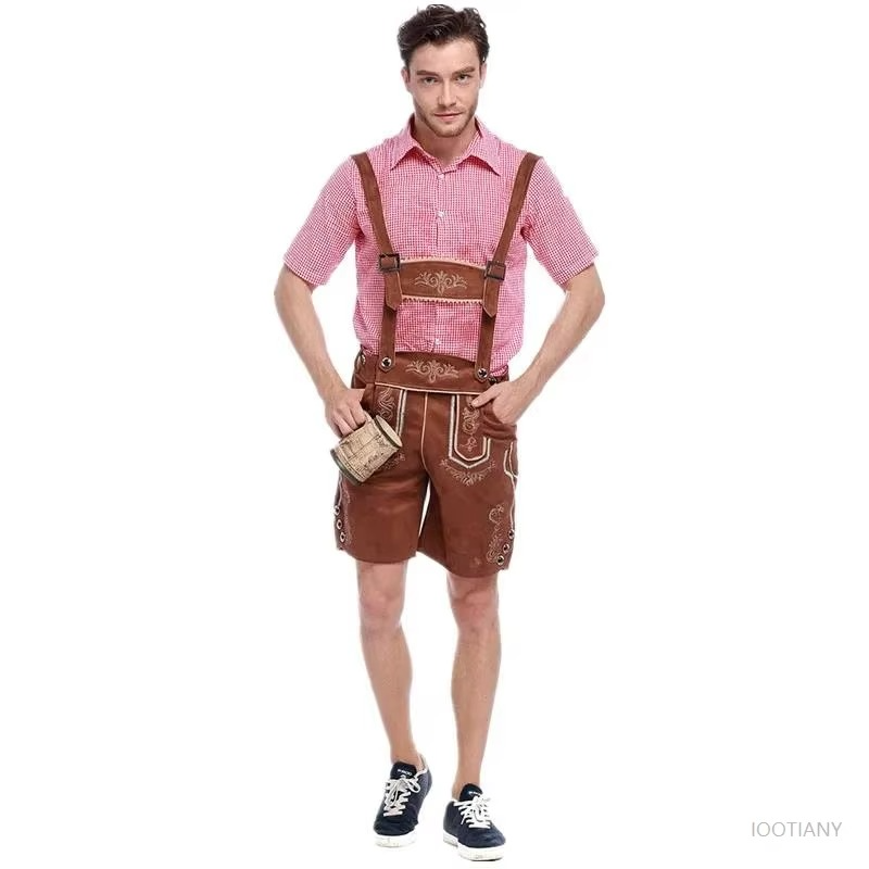 Traditional Bavarian Oktoberfest Men's Leather Pants with Suspenders Costume
