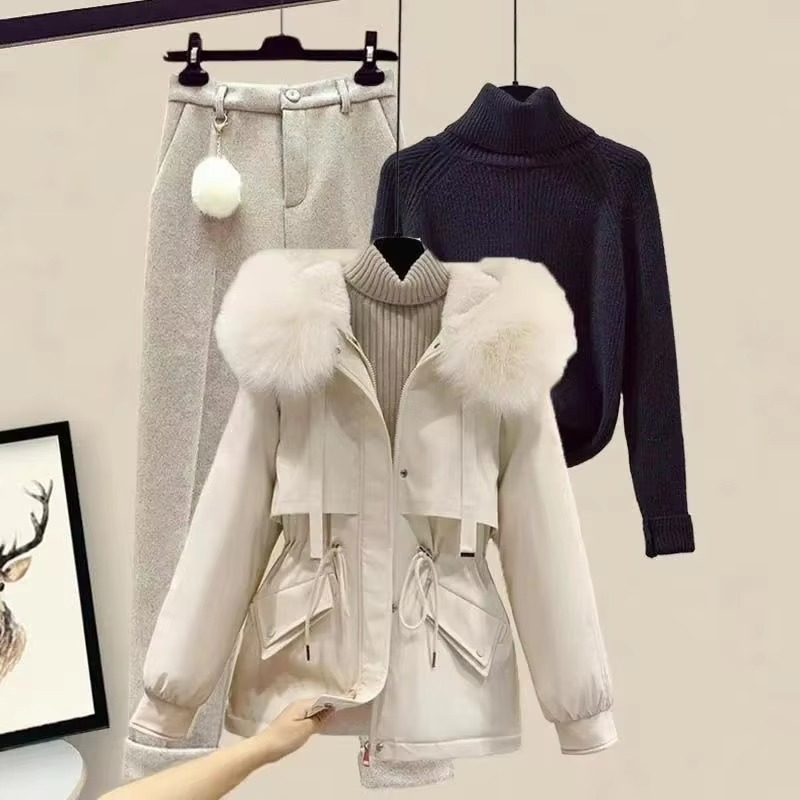 Women's 3‑Piece Winter Tracksuit Set, Parka Jacket, Turtleneck Sweater and Wool Pants