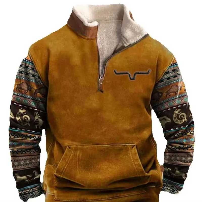 Men’s Retro 3D Printed Hooded Jacket with Leather Collar and Zipper Closure