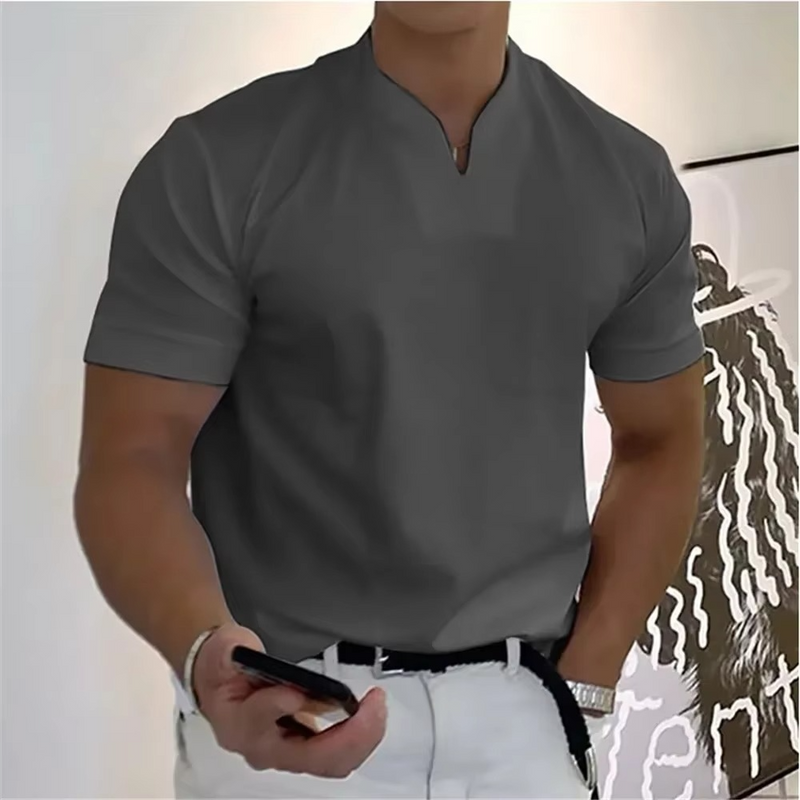 Men’s Summer V-Neck Short Sleeve T-Shirt - Elastic Cotton Athletic and Casual Fit