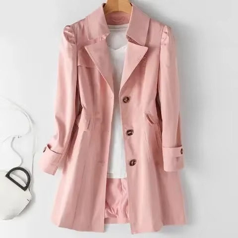 Elegant Mid-Length Trench Coat for Women, Slim Fit Single-Breasted Jacket with Turn-Down Collar