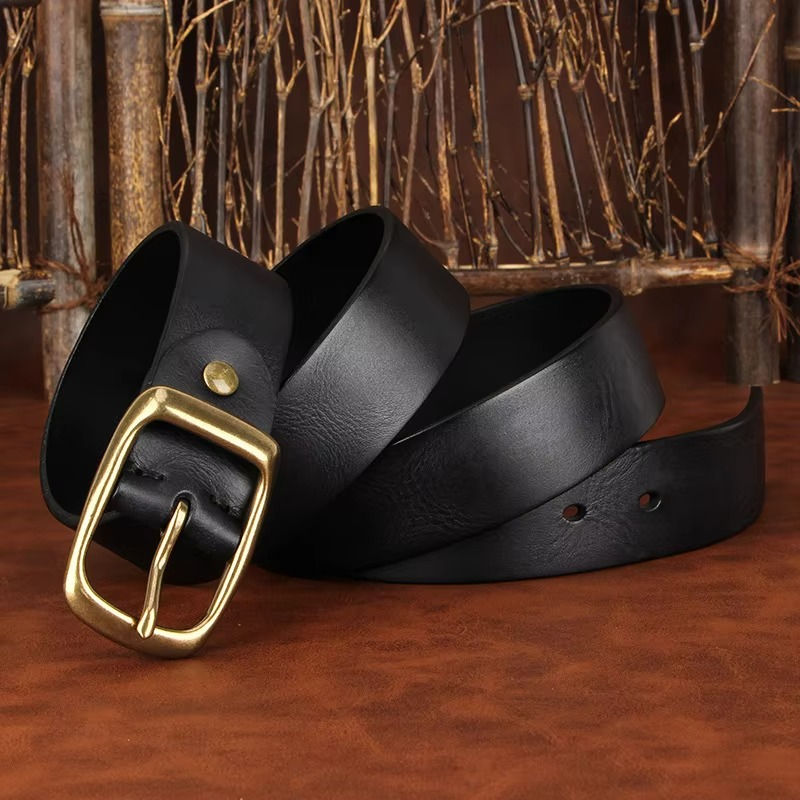 Men's Genuine Leather Belt with Solid Brass Pin Buckle, Vintage Casual Dress Belt
