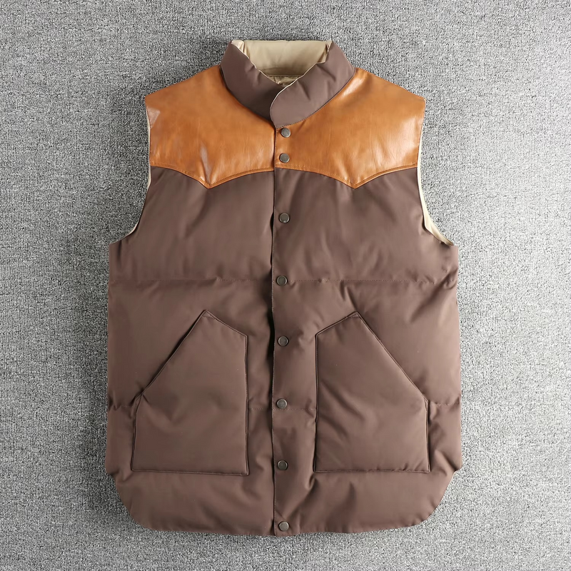 Retro PU Spliced Men’s Light Warm Sleeveless Vest