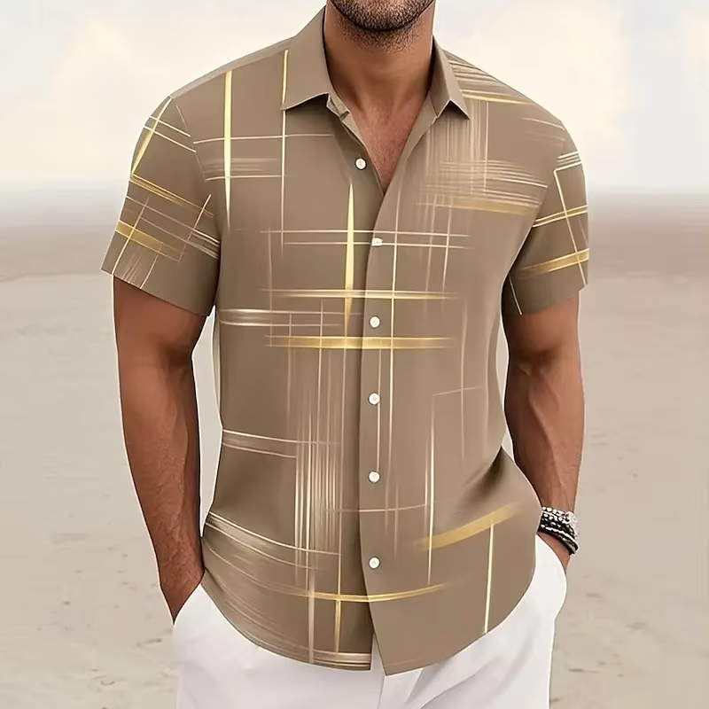 Men's 3D Geometric Plaid Short Sleeve Button Shirt