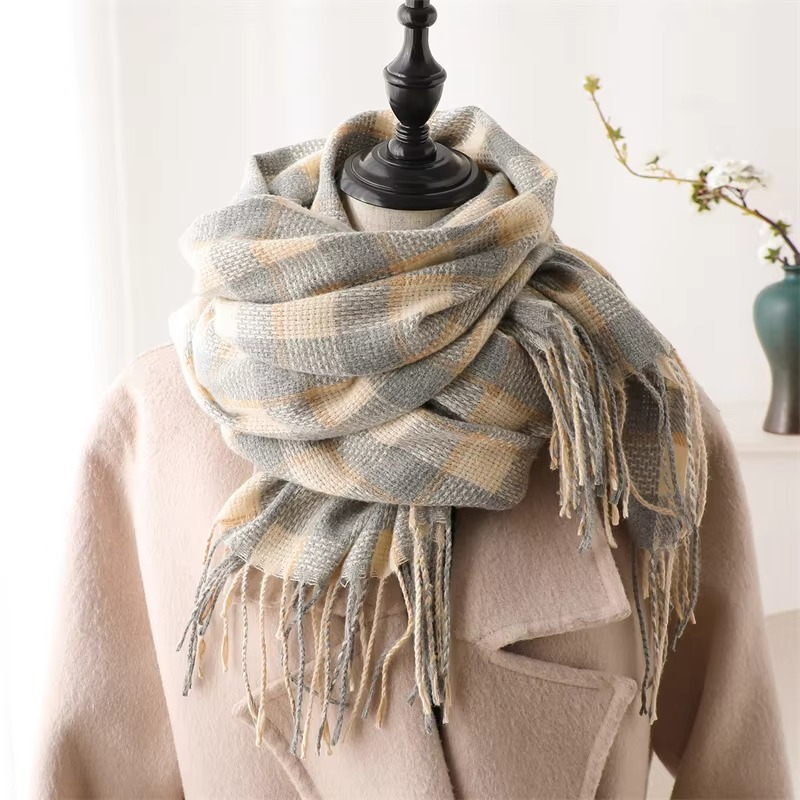Cozy Cashmere Plaid Winter Scarf for Women, Thick Pashmina Shawl with Tassels