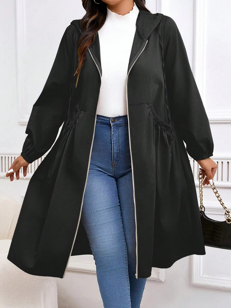 Women's Plus Size Zip Up Hooded Coat with Drawstring Waist and Pockets for Fall and Winter