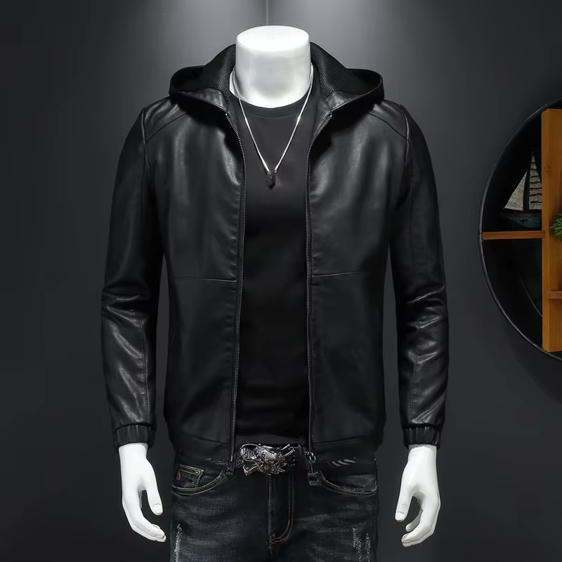 Men's Hooded PU Leather Jacket Black Motorcycle Style Casual Streetwear Outerwear