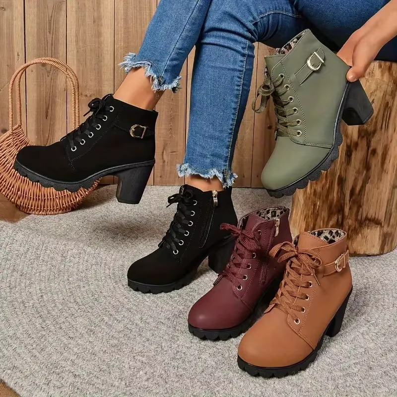 Women’s Autumn Winter Lace-Up High Heel Boots with Anti-Slip Soles