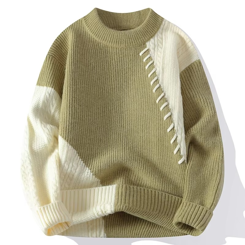 Men's Autumn Winter Patchwork Knit Sweater O Neck Casual Pullover