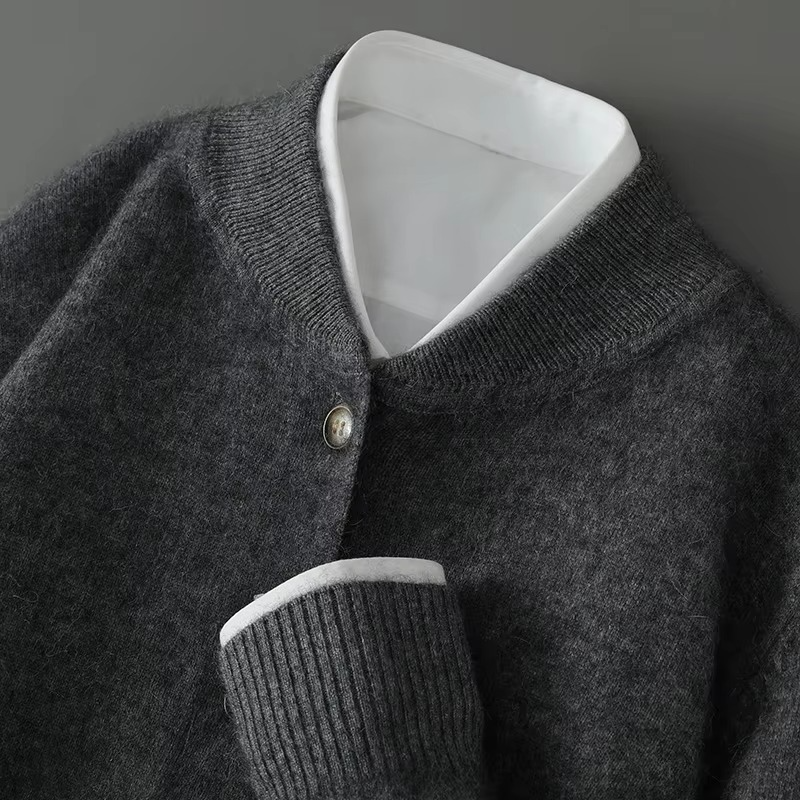 Men's Mink Cashmere Stand Collar Cardigan Sweater, Loose Fit Knitted Coat