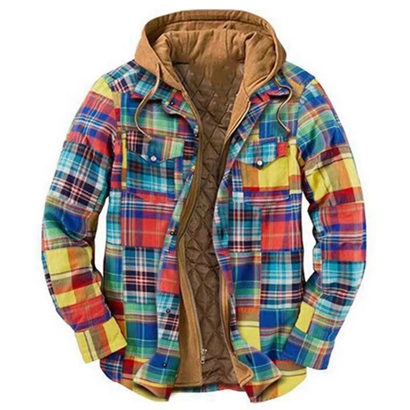 Men's Checkered Cotton Hooded Jacket, Thick Warm Casual Coat, Sizes S–5XL