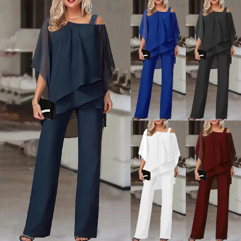 Women's Summer Two-Piece Set, Bat Sleeve Camisole Top with Sloping Shoulder and Loose Casual Irregular Pants