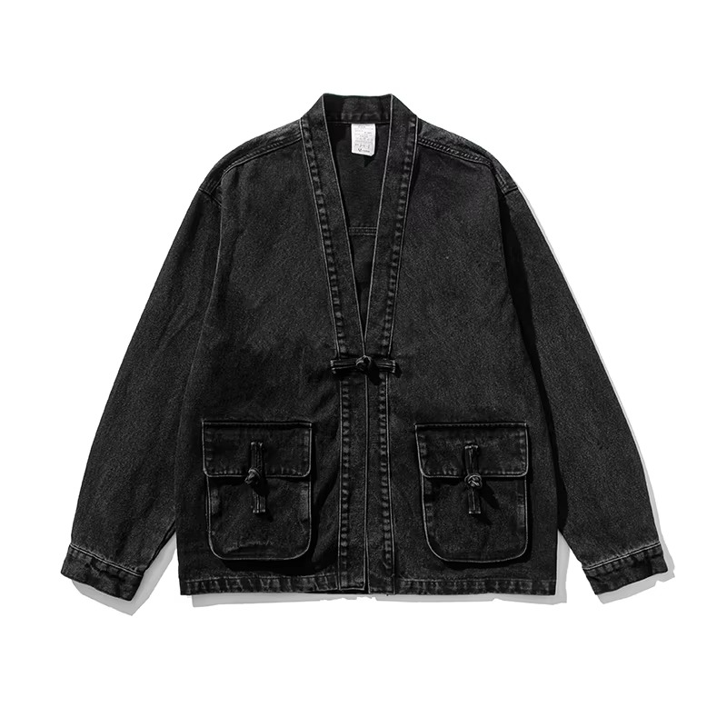 Men’s Vintage Denim Kimono Jacket, Casual Chinese Style Button Jean Coat