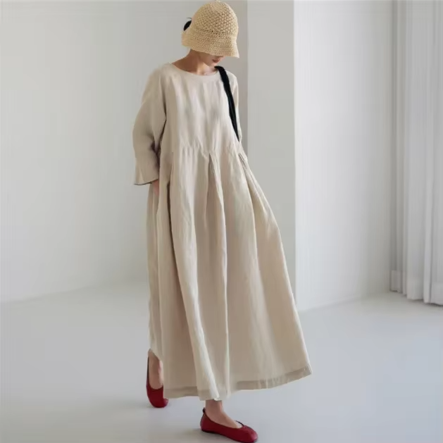 Plus Size Cotton Linen Maxi Dress For Women, Loose Fit Round Neck Pullover, Spring Summer 2024
