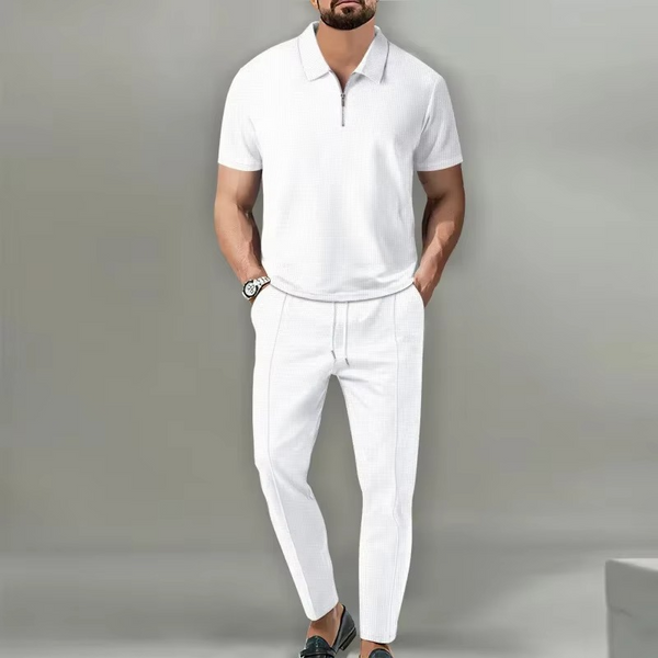 Men's 2-Piece Solid Color Waffle Collar Short Sleeve Zip Pants Set