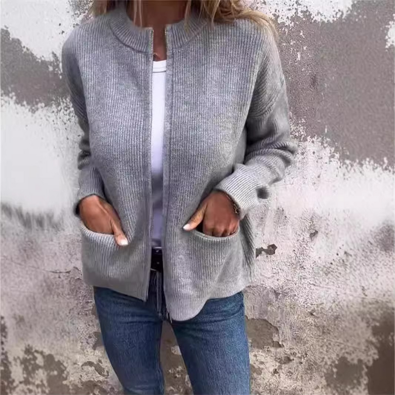 Cozy Stand Collar Zipper Knit Jacket for Women