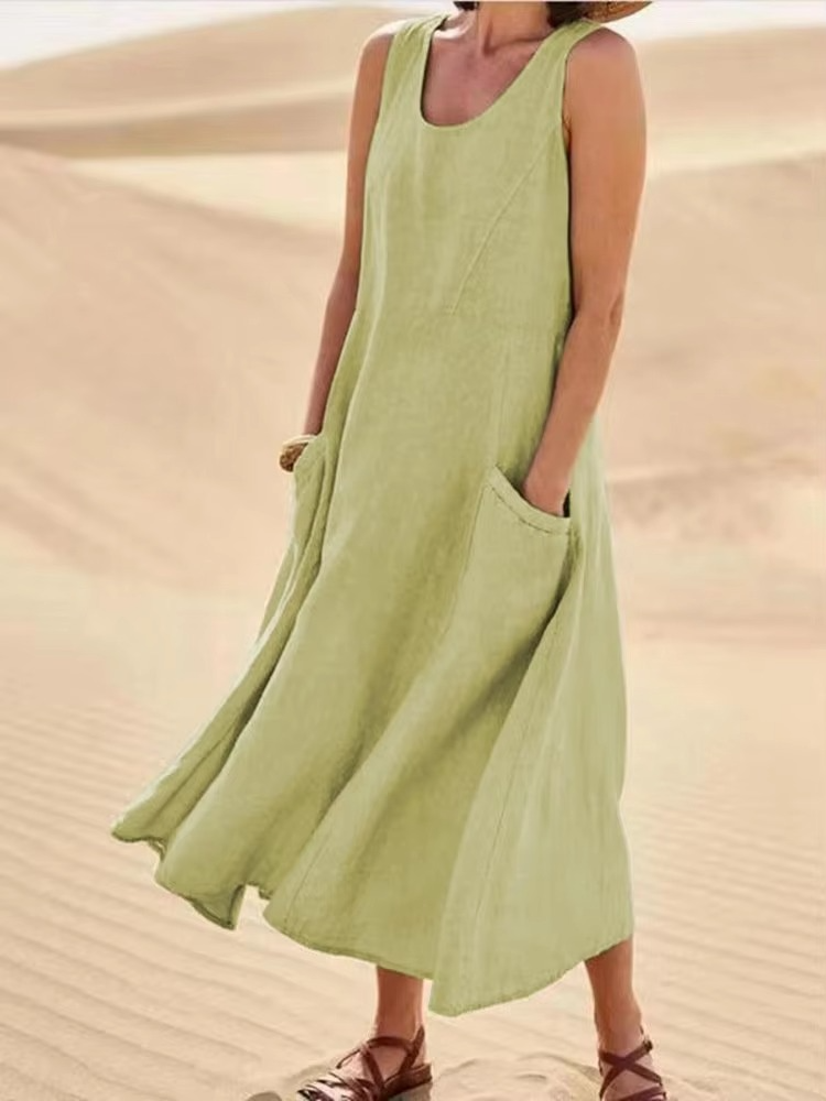 Women’s Cotton Linen Sleeveless Maxi Sundress with Pockets, Loose Fit Beachwear S-5XL