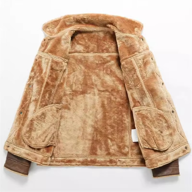 Men's Suede Leather Winter Coat with Thick Fleece Lining and Turn Down Collar