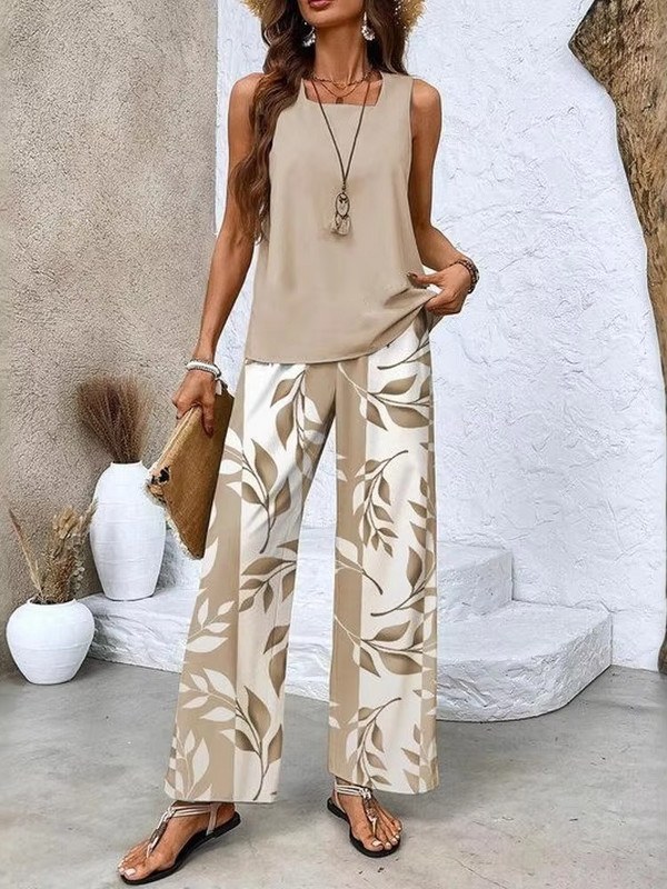 Women's Digital Print Square Collar Vest and Long Trousers Two-Piece Set