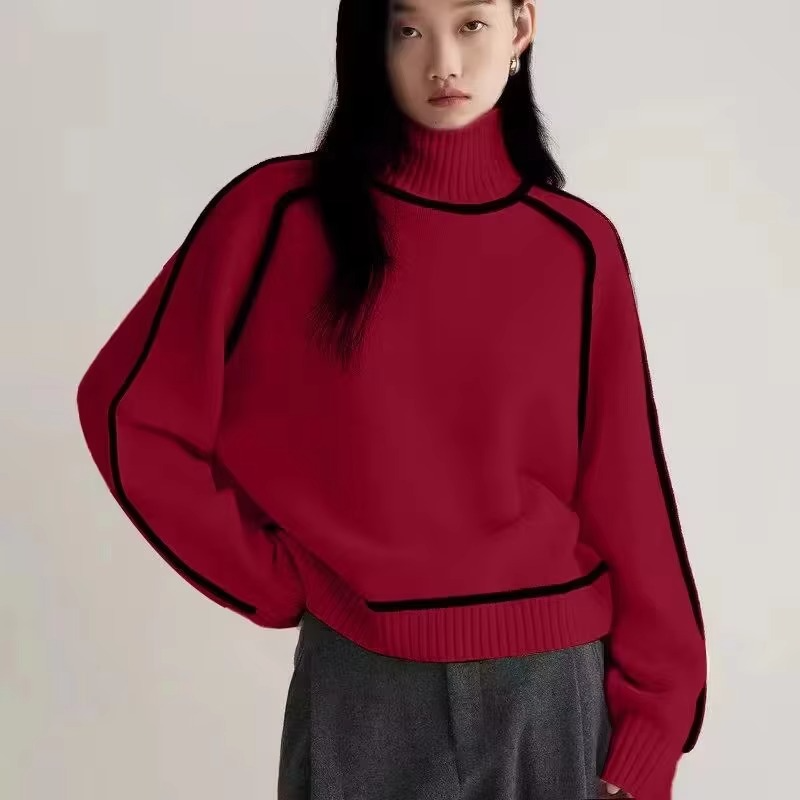 Women’s Striped Turtleneck Knit Sweater – Loose Fit Long Sleeve Pullover