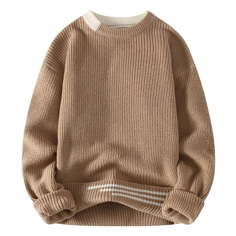 Men's Autumn Winter Patchwork Knit Sweater, Slim Fit O-Neck Pullover