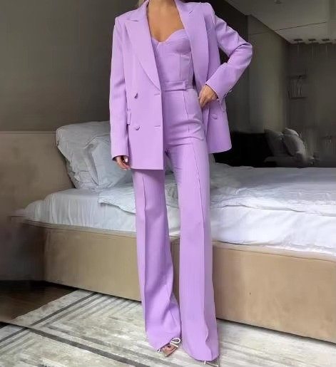 Women's Three Piece Autumn Suit Set with Blazer, Corset Pants, and Camisole Top