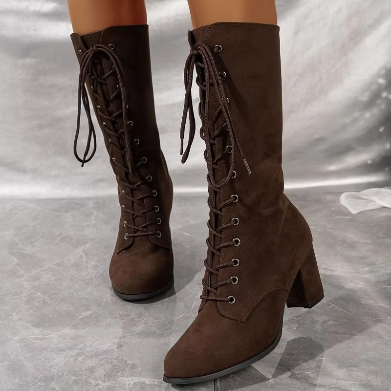 Women’s High Lace-Up Winter Boots with Round Toe and Sturdy Heel