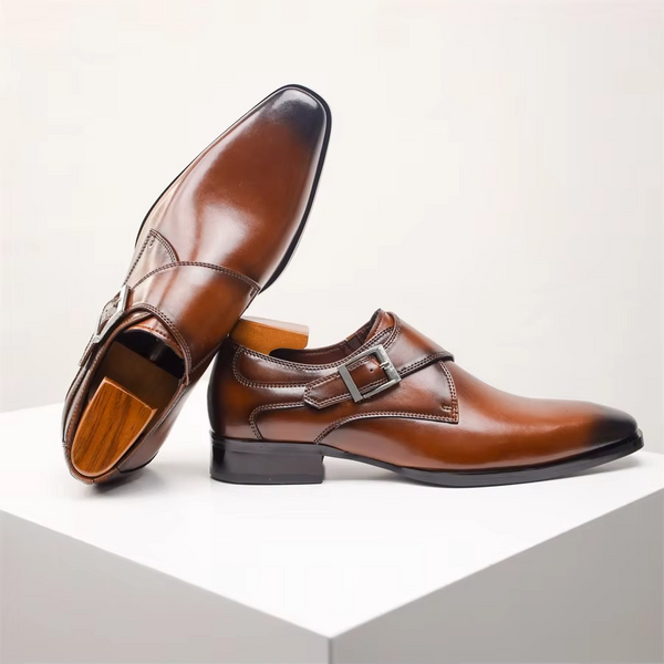 Men's Genuine Cow Leather Buckle Pointed Dress Shoes