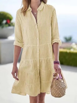 2025 Spring Oversized Striped Shirt Dress for Women with Turn-Down Collar and Long Sleeves