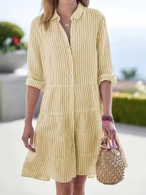 2025 Spring Oversized Striped Shirt Dress for Women with Turn-Down Collar and Long Sleeves