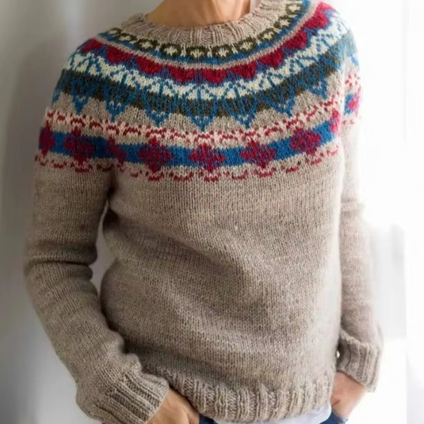 Color Block Loose Fit Women’s Knitwear Top with Round Neck and Full Sleeves