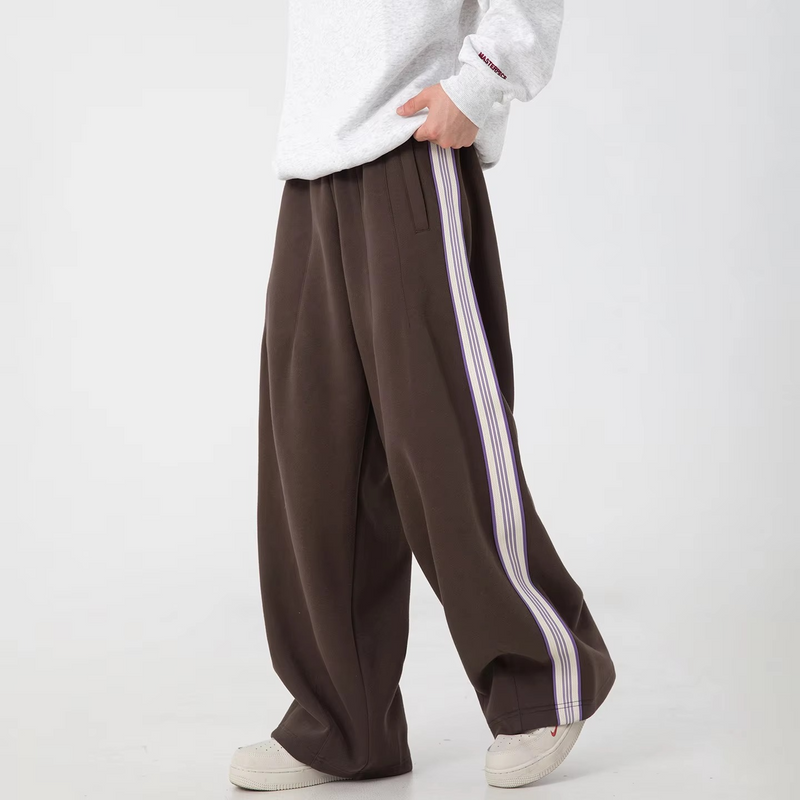 Men's Autumn Winter Stitch Design Sweatpants, Loose Fit Elastic Waist Fitness Pants