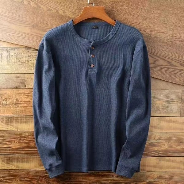 Slim Fit Men’s Henley Waffle Long Sleeve Cotton Tee