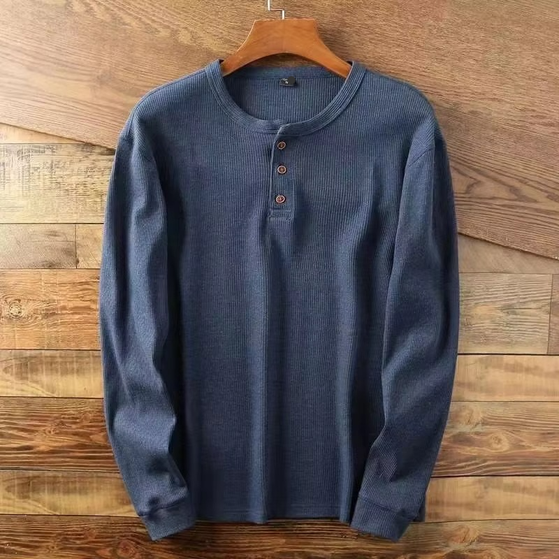 Slim Fit Men’s Henley Waffle Long Sleeve Cotton Tee