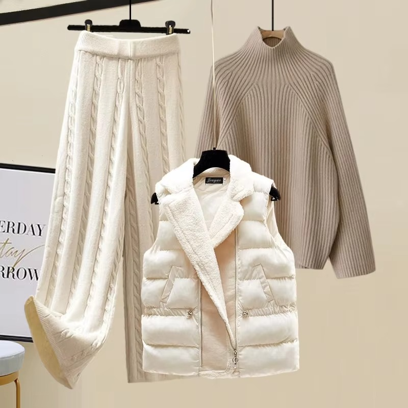 Women's 3-Piece Knitted Sweater Set with Vest, Turtleneck Pullover and Wide-Leg Pants