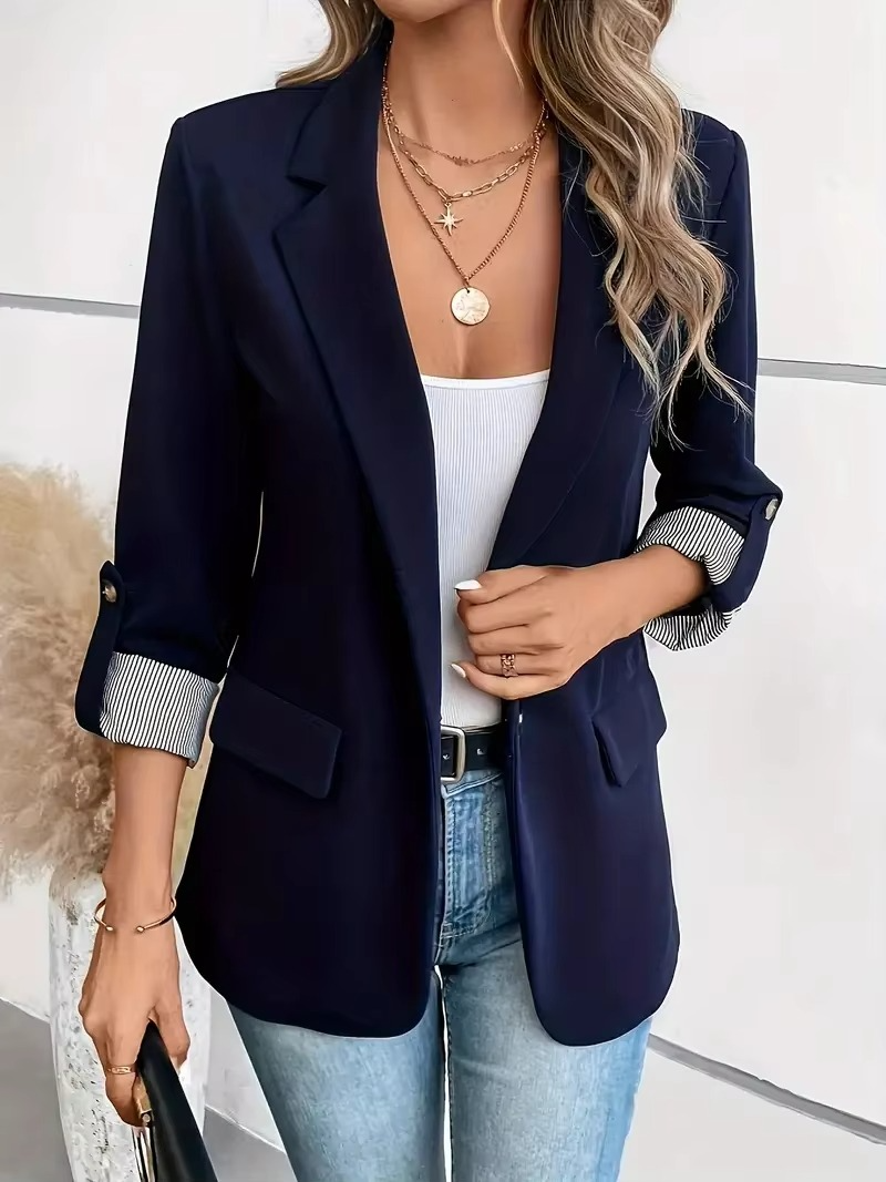 Women's Slim Fit Casual Blazer with Rolled Sleeves and Button Front