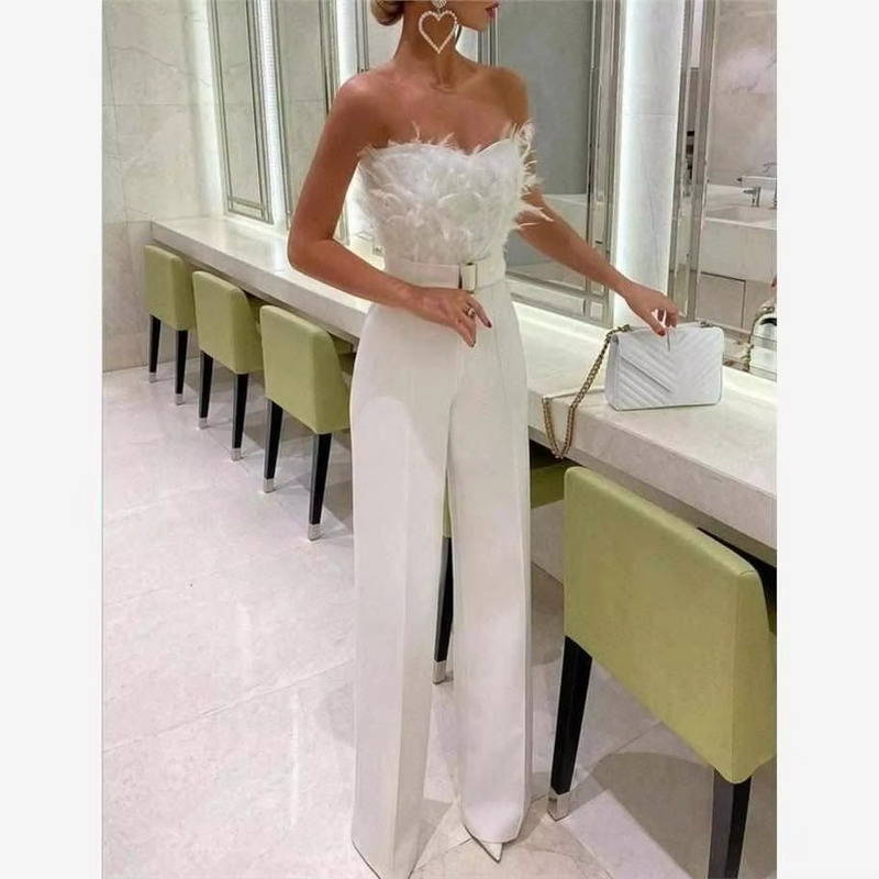 Sexy Feather Jumpsuit with Bare Shoulder, Cinched Waist, and Diamond Embellished Wide Leg